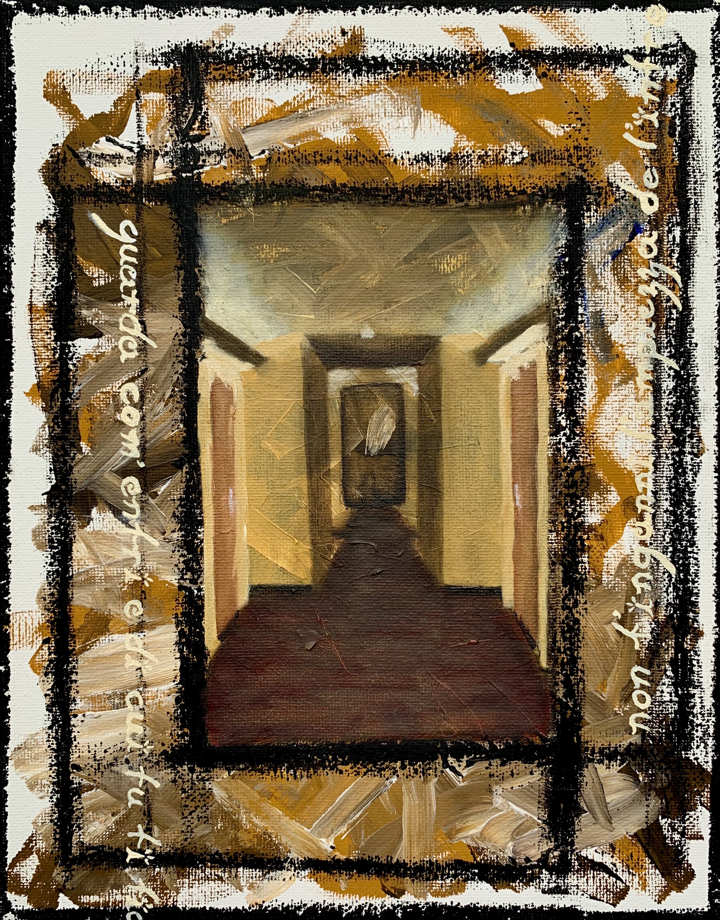 painting of abstract black and yellow doorway with script border.